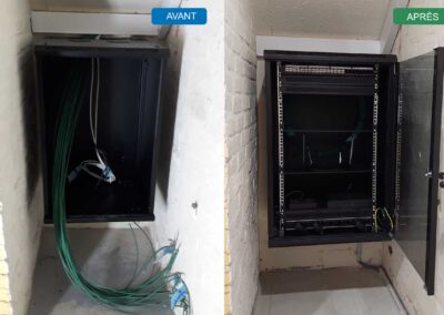 Baie informatique en rénovation avant et après installation avec câblage Cat 6A