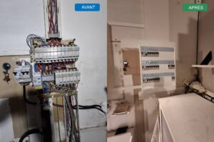 Montage avant après d’un tableau électrique avec ancien tableau obsolète non repéré et ajout anarchique de circuits, remplacé par un tableau Legrand 3x18 modules sous GTL avec quatre interrupteurs différentiels et circuits identifiés