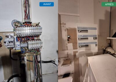 Montage avant après d’un tableau électrique avec ancien tableau obsolète non repéré et ajout anarchique de circuits, remplacé par un tableau Legrand 3x18 modules sous GTL avec quatre interrupteurs différentiels et circuits identifiés