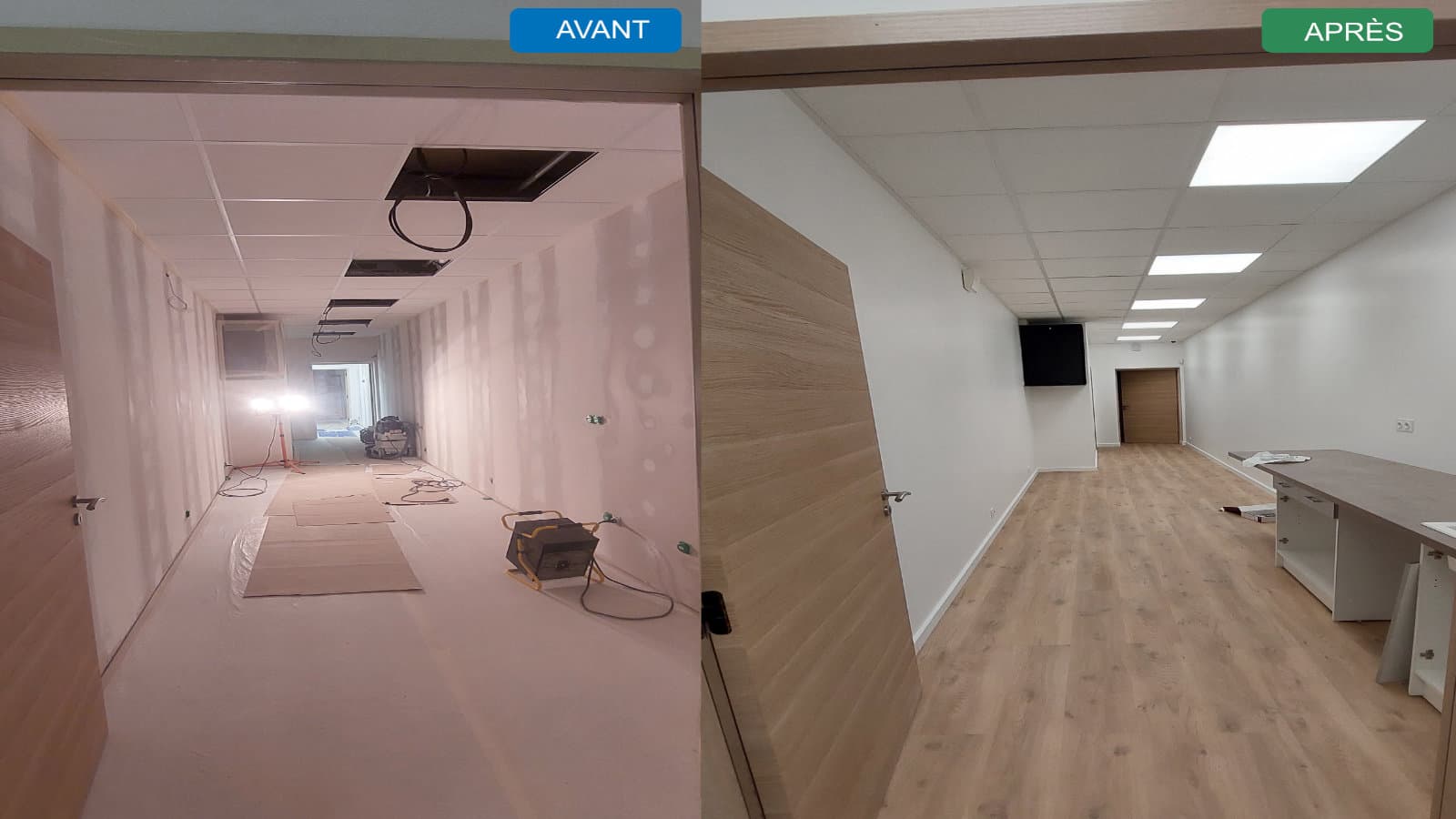 Rénovation électrique complète de bureaux – Avant / Après Rénovation électrique complète d’un couloir de bureaux avec remplacement du faux plafond et installation d’éclairage LED encastré