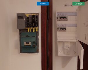 Avant après remplacement d'un ancien tableau Gardy à fusibles par un coffret Legrand Drivia équipé de disjoncteurs DNX3