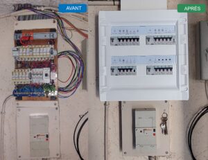 Avant après remplacement d'un tableau électrique à fusibles cartouches en câblage unipolaire par un coffret Legrand XL3 125 avec quatre interrupteurs différentiels et repérage soigné des circuits