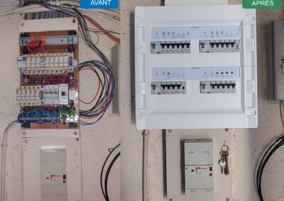 Avant après remplacement d'un tableau électrique à fusibles cartouches en câblage unipolaire par un coffret Legrand XL3 125 avec quatre interrupteurs différentiels et repérage soigné des circuits
