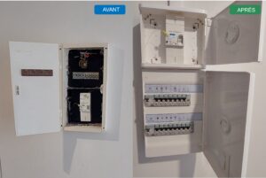 Avant après remplacement d'un tableau électrique à fusibles tabatière avec contacts sous tension apparents par un tableau Legrand Drivia deux rangées avec interrupteurs différentiels et repérage des circuits