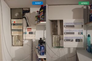 Avant après regroupement de deux tableaux électriques Hager en un seul coffret Legrand Drivia avec interrupteurs différentiels, disjoncteurs modulaires et repérage des circuits