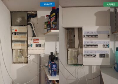Avant après regroupement de deux tableaux électriques Hager en un seul coffret Legrand Drivia avec interrupteurs différentiels, disjoncteurs modulaires et repérage des circuits