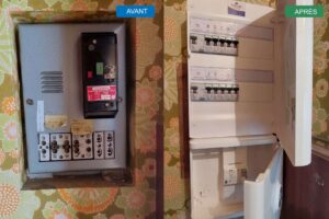 Avant après mise en sécurité d'un tableau électrique : ancien coffret métallique à fusibles à broches remplacé par un coffret Legrand Drivia avec interrupteurs différentiels, disjoncteurs modulaires et étiquetage des circuits