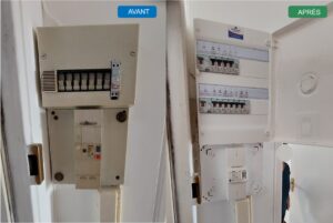 Avant après mise en sécurité d'un tableau électrique à porte-fusibles à bascule avec relais VMC gaz par un tableau Legrand Drivia trois rangées avec interrupteurs différentiels et repérage des circuits