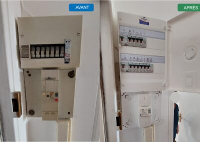 Avant après mise en sécurité d'un tableau électrique à porte-fusibles à bascule avec relais VMC gaz par un tableau Legrand Drivia trois rangées avec interrupteurs différentiels et repérage des circuits