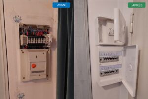 Avant après remplacement d'un tableau électrique à porte-fusibles cartouches unipolaires par un tableau Legrand Drivia deux rangées avec interrupteurs différentiels, platine disjoncteur d'abonné et repérage des circuits