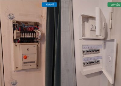 Avant après remplacement d'un tableau électrique à porte-fusibles cartouches unipolaires par un tableau Legrand Drivia deux rangées avec interrupteurs différentiels, platine disjoncteur d'abonné et repérage des circuits