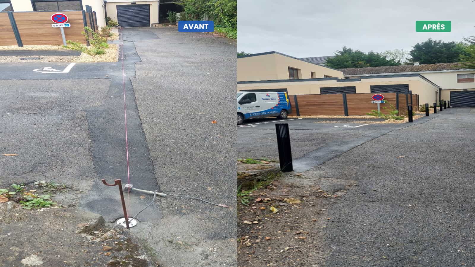 Eclairage LED de cheminement pour acces a un cabinet dentaire Avant apres installation de bornes lumineuses LED pour eclairer le cheminement vers un cabinet dentaire