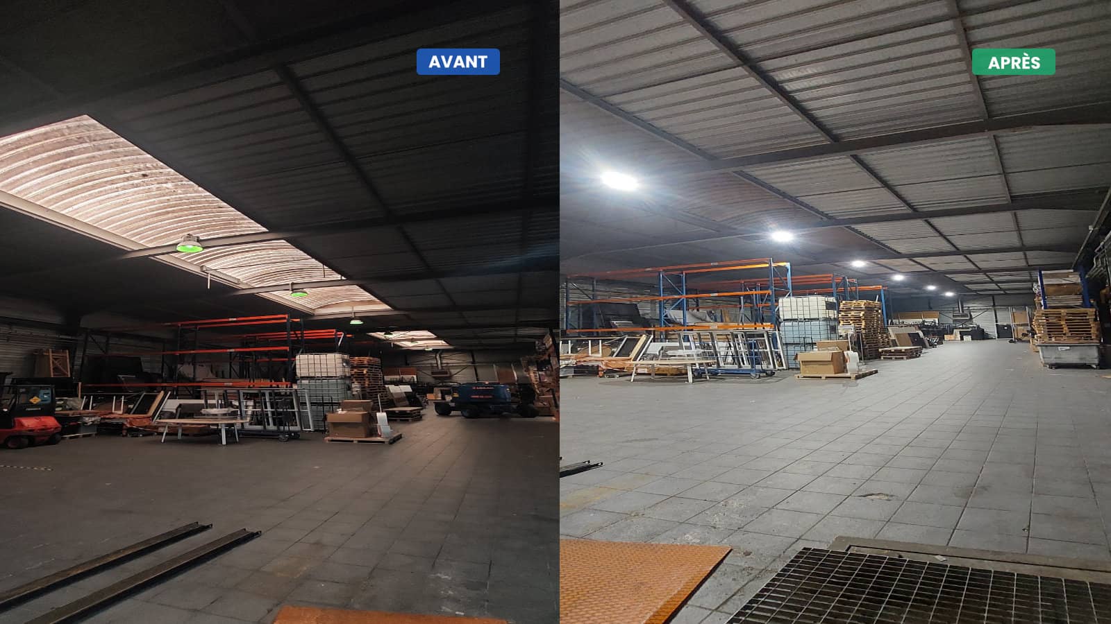 Relamping LED d un entrepot avec remplacement de gamelles industrielles Avant apres relamping LED dans un entrepot avec remplacement de gamelles industrielles