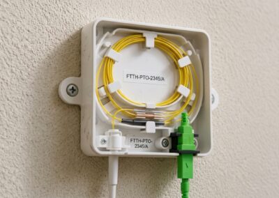 Boîtier de prise terminale optique (PTO) ouvert, avec fibre optique jaune lovée et connecteur vert SC/APC.